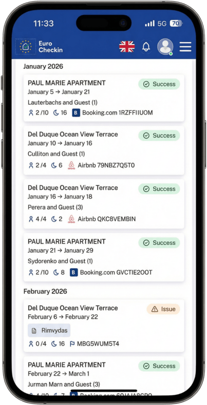 App EuroCheckin con il riepilogo delle registrazioni degli ospiti